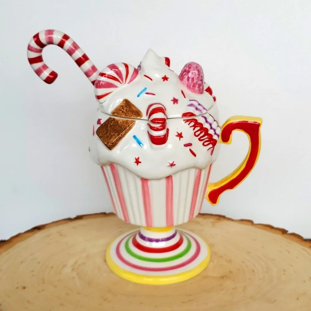 Anthropologie Gliterville Fancy Ceramic Ice Cream/Pudding Dish with Lid & Spoon
